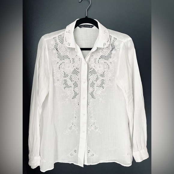 Zara crochet details button down white shirt size S - Picture 1 of 7